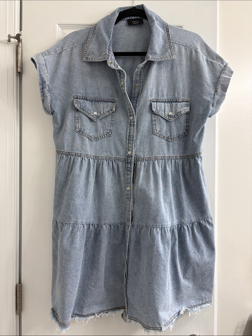 VICI Light Wash Denim Tiered Button-Front Dress